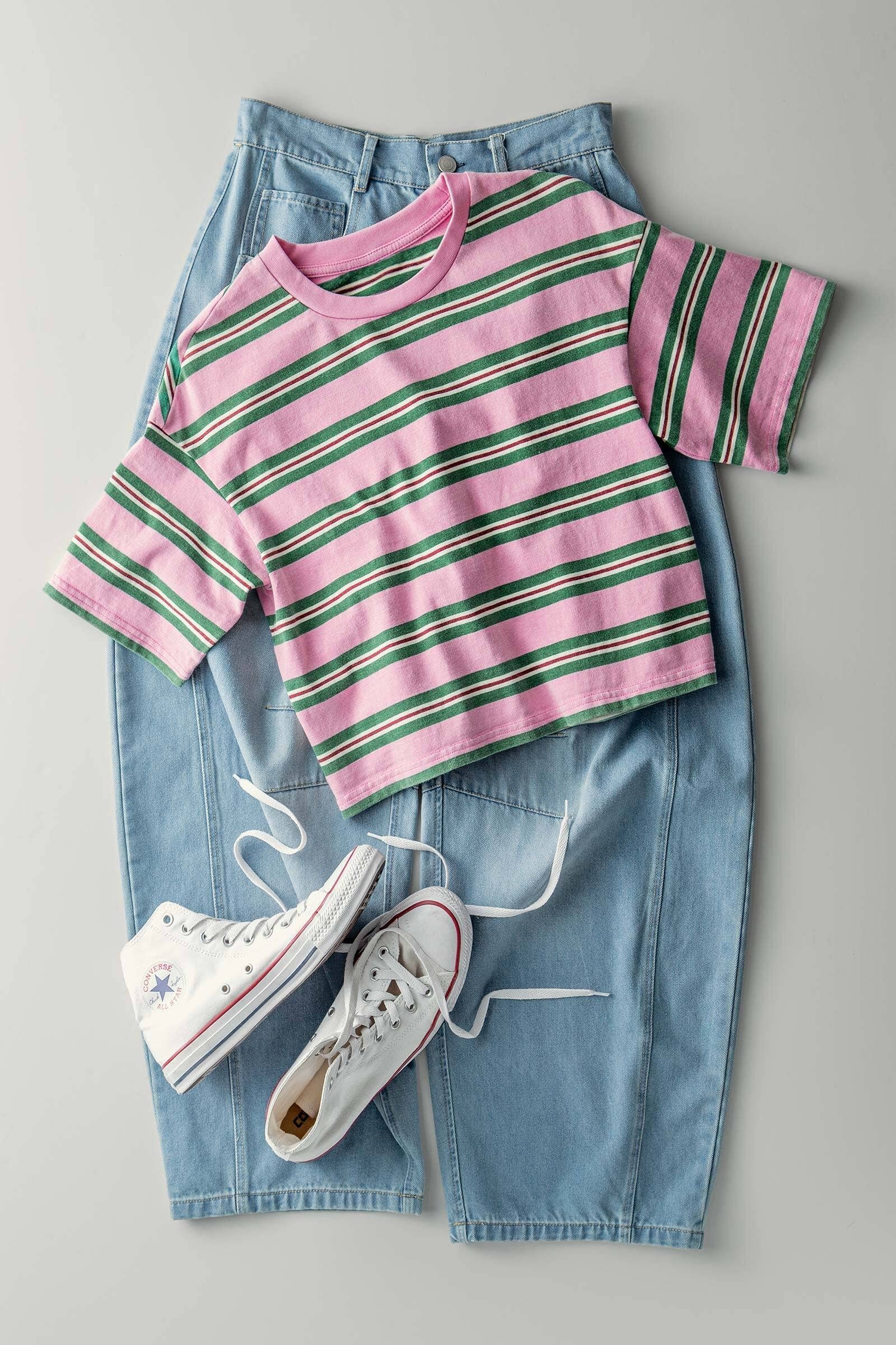 Vintage Washed Striped Cotton Crop Tee