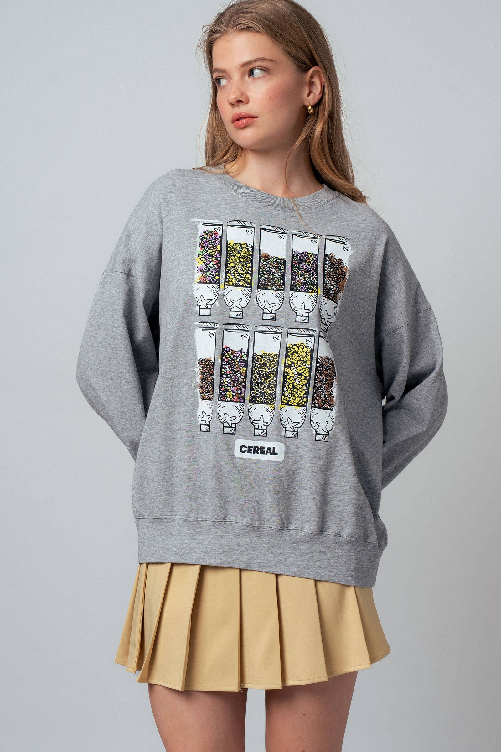 Urban Daizy Vintage Style Cereal Graphic Oversized Crew Neck Sweatshirt Grey Sweatshirt - Women's (UDZ-OT-00168)