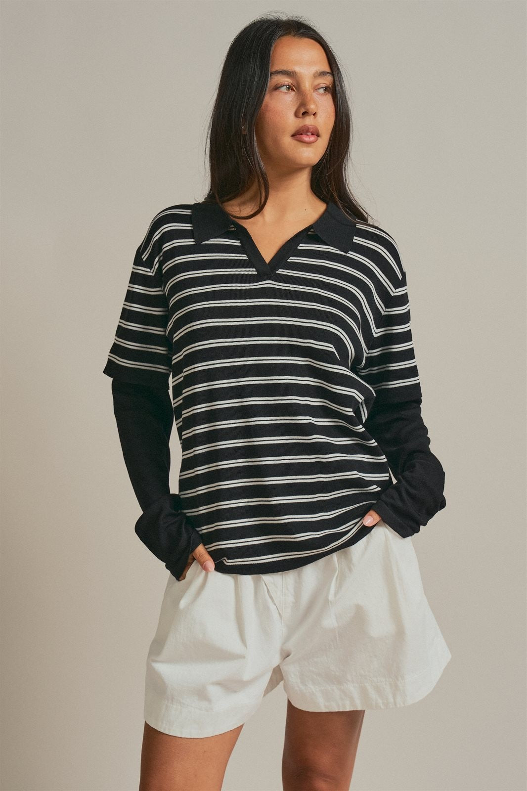 Striped Collared Layered Polo Top in BLACK - Women's Sweaters | Urban Daizy