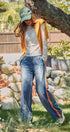 Wide Leg Faux Denim Print French Terry Track Pants with Side in ORANGE BLUE - Women's Casual Pants | Urban Daizy