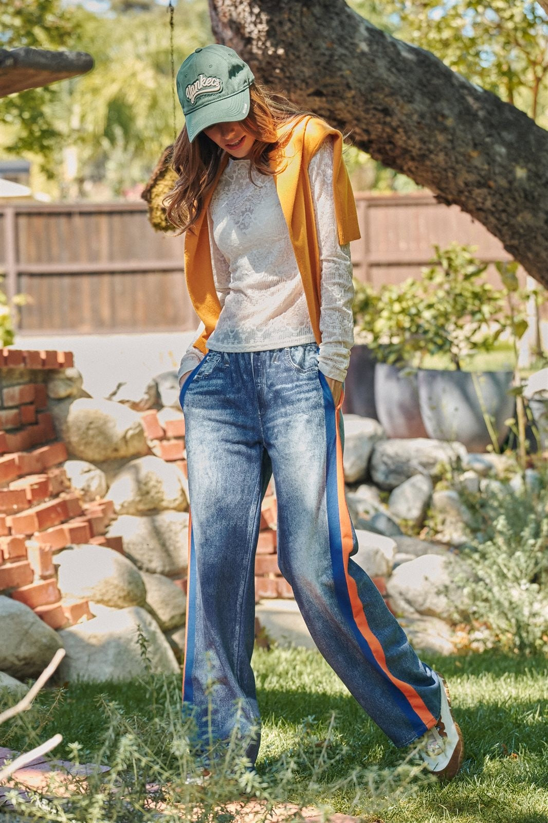 Wide Leg Faux Denim Print French Terry Track Pants with Side in ORANGE BLUE - Women's Casual Pants | Urban Daizy