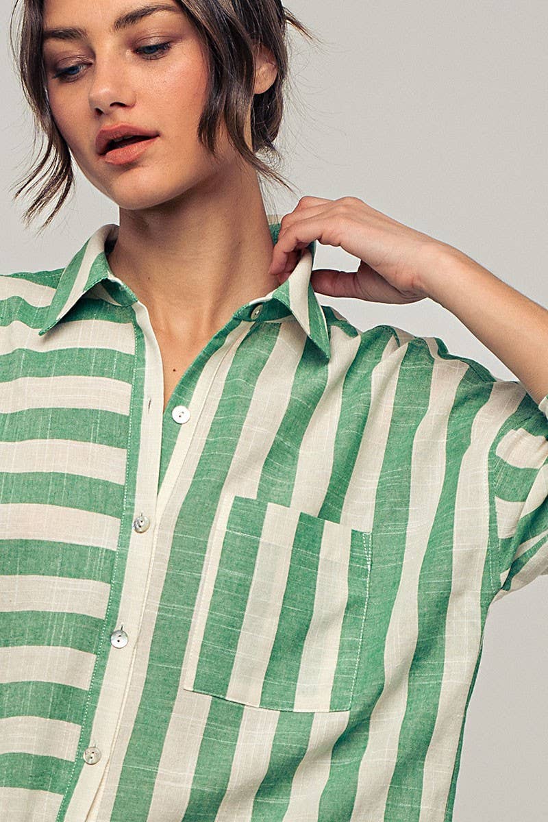 Urban Daizy Mixed Stripe Pattern Oversized Button Down Shirt Taupe Button Down Shirt - Women's (UDZ-TP-00049) – alternate…