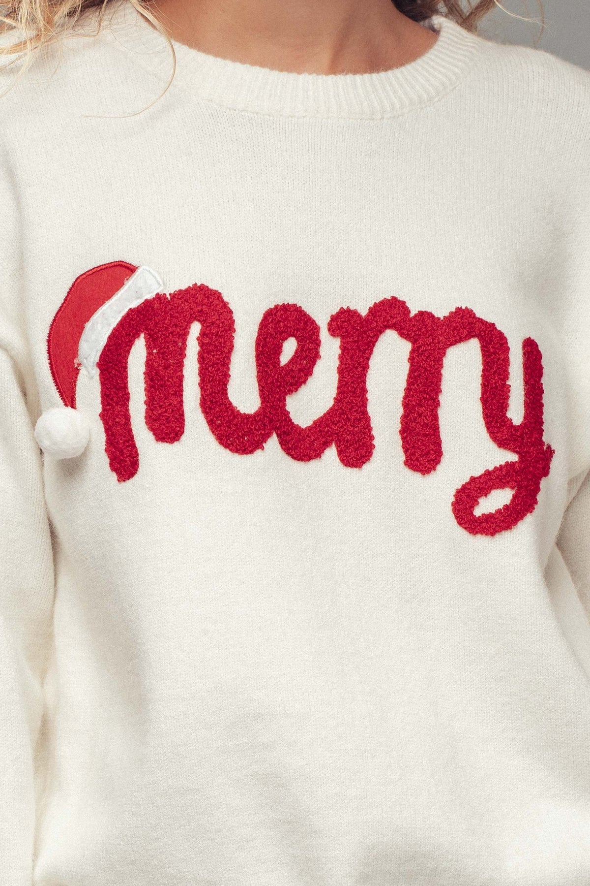 Jolly Script Embroidered Sweater in RED - Women's Sweaters | Urban Daizy