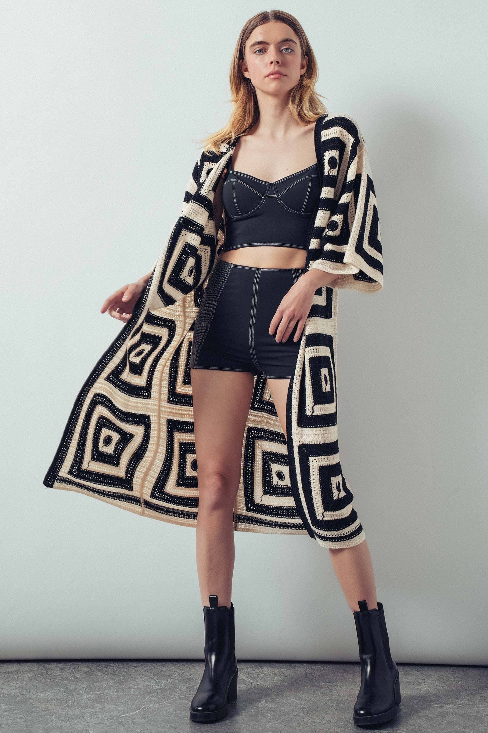 Geometric Granny Square Crochet Open Front Cardigan