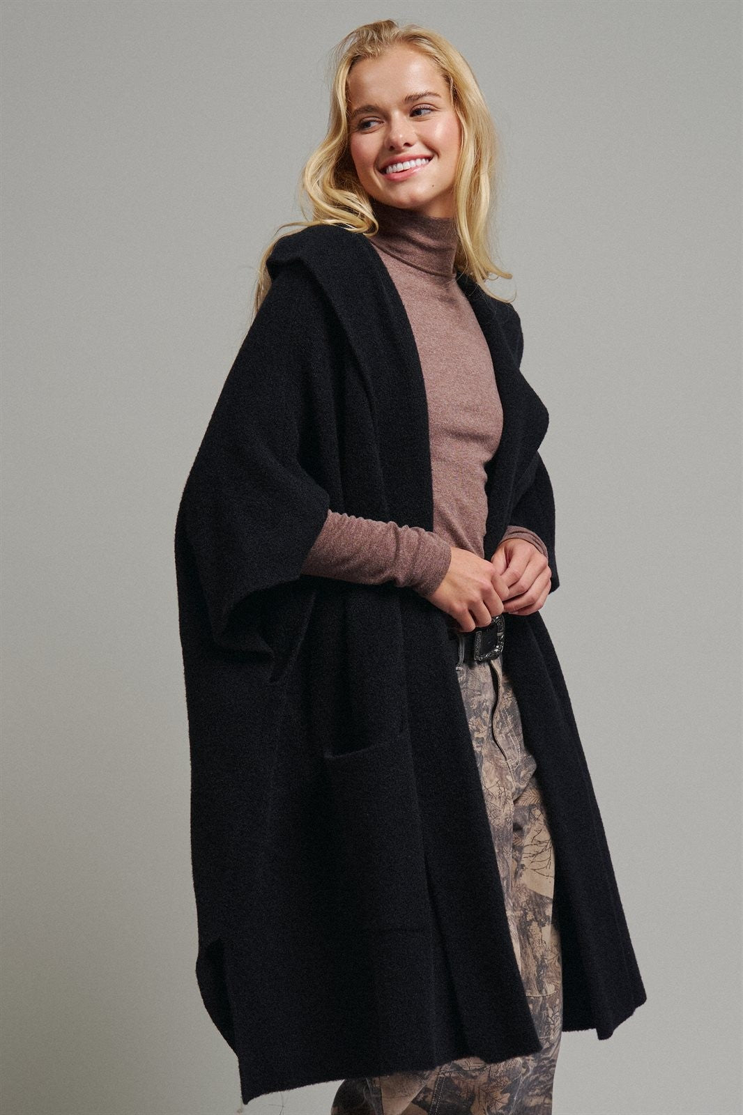 Oversized Wide Collar Open Front Poncho Cardigan in BLACK - Women's Cardigans & Shrugs | Urban Daizy