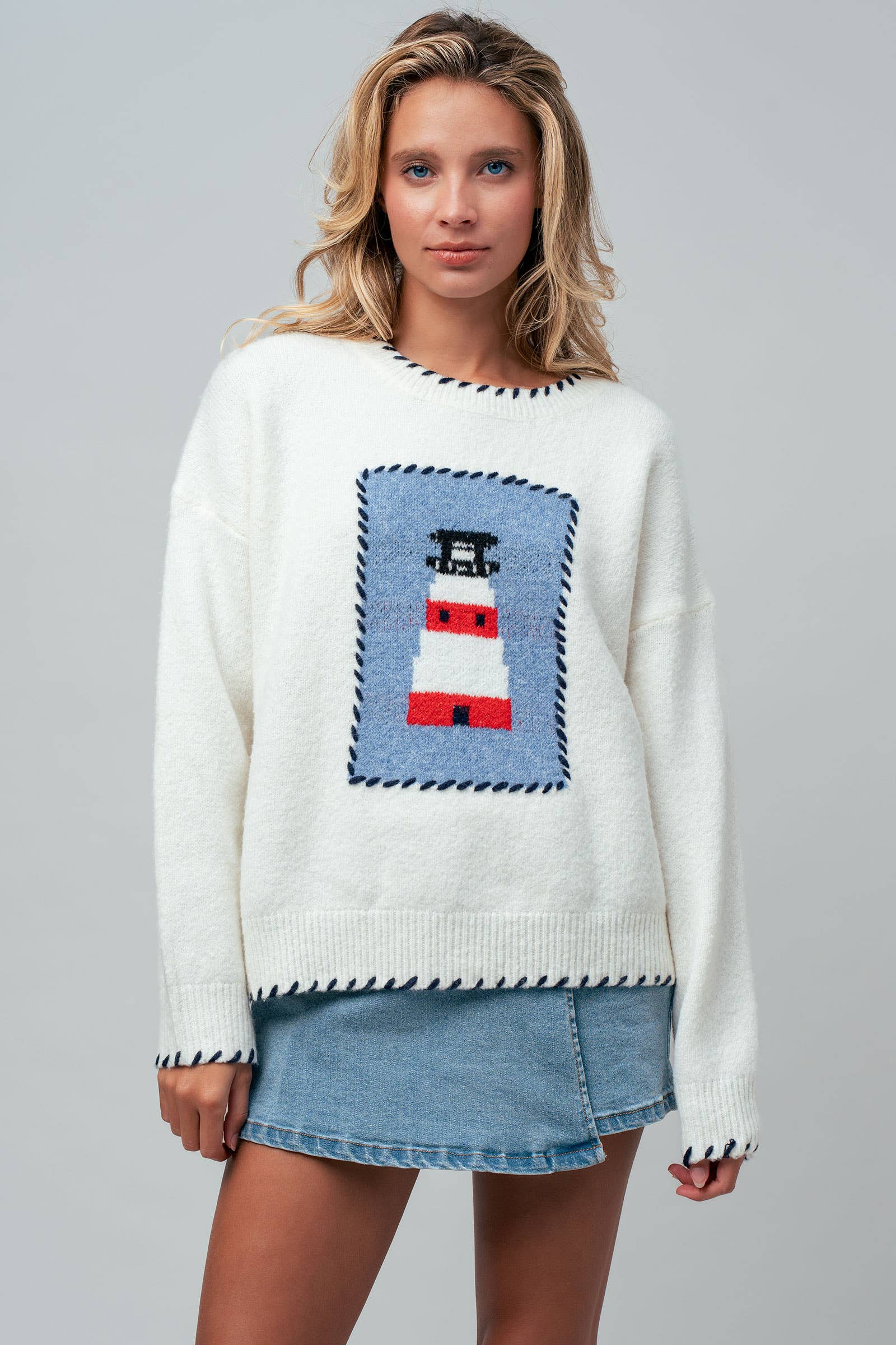 Whipstitch Trim Lighthouse Knit Sweater