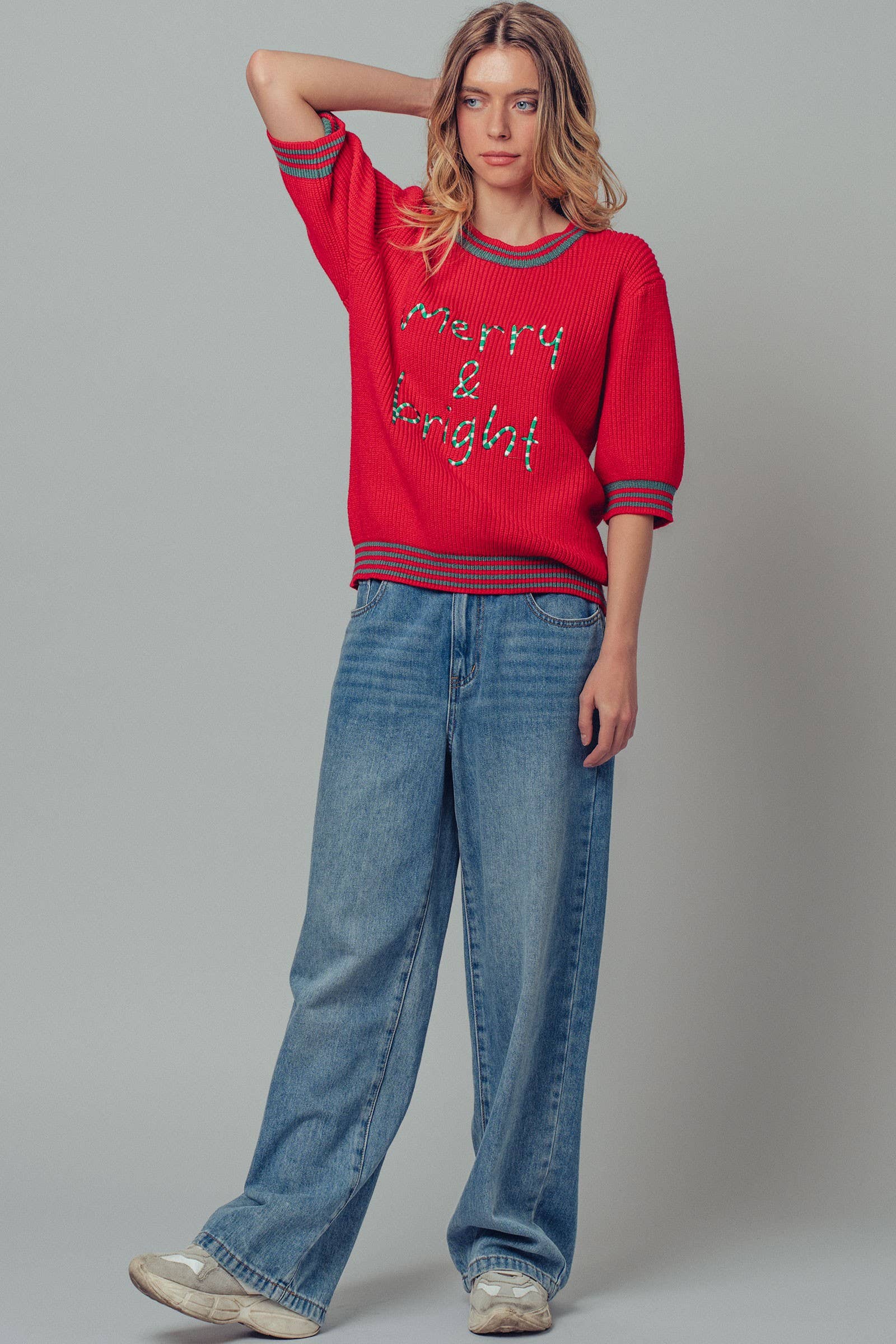 "Merry & Bright" Graphic Sweater with Striped Trim