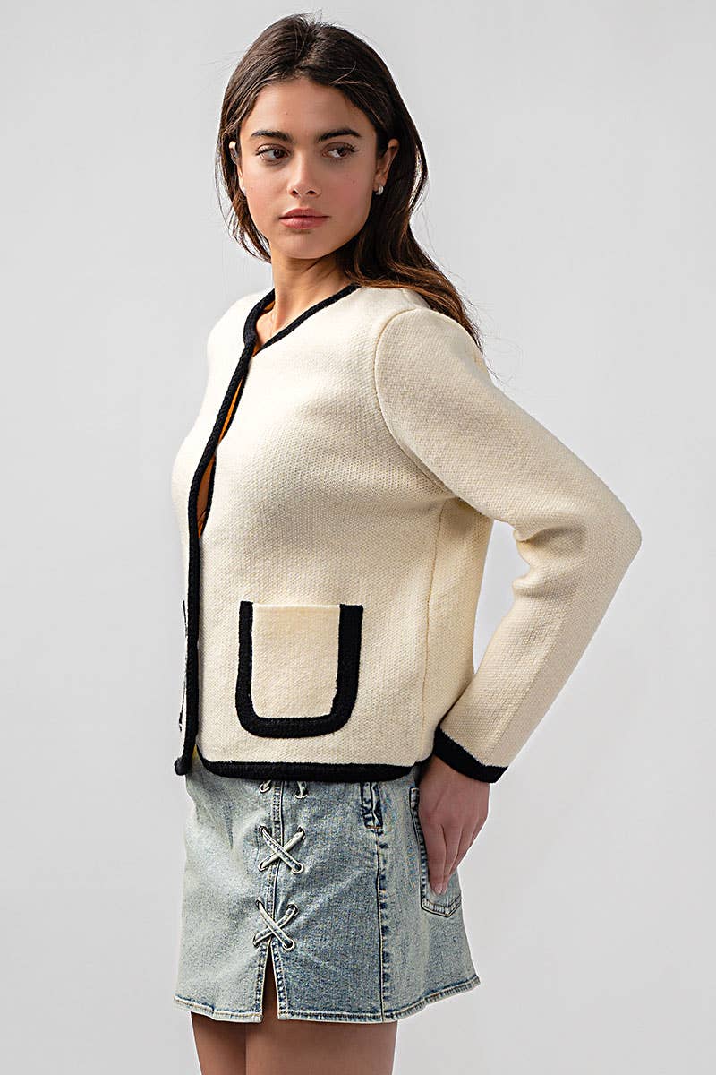 Urban Daizy Classic Contrast Trim Patch Pocket Cardigan Ivory Cardigan - Women's (UDZ-KN-00363) – alternate view 16