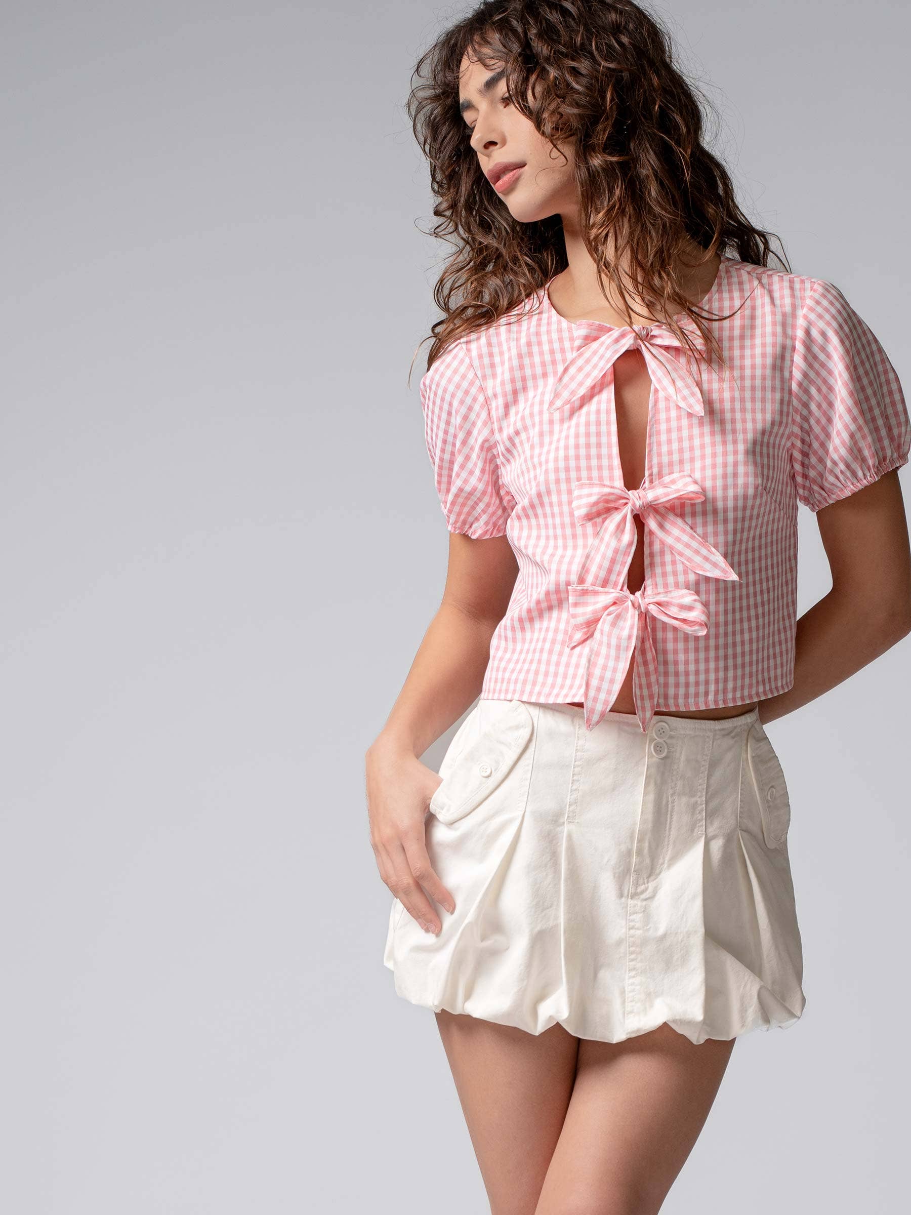 Urban Daizy Gingham Triple Bow Puff Sleeve Crop Top Pink Blouse - Women's (UDZ-TP-01033) – alternate view 6