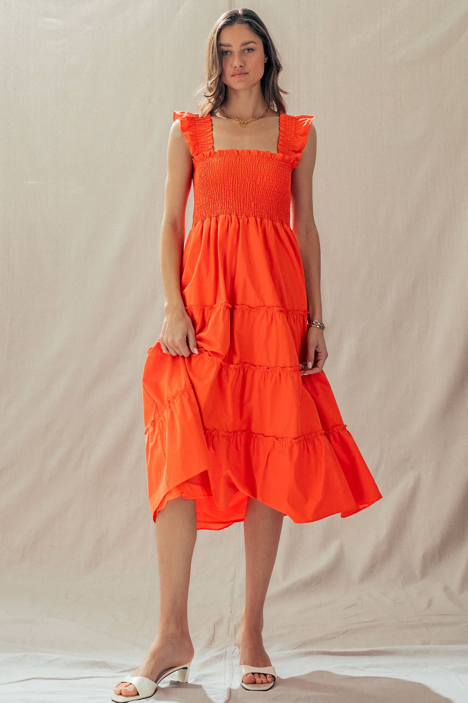 Cotton Smocked Tiered Midi Dress