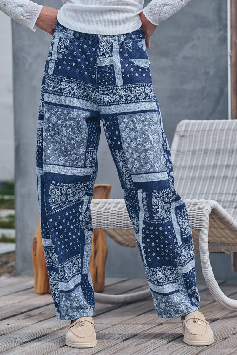 Urban Daizy Paisley Bandana Print Relaxed Fit Jeans Blue Jeans - Women's (UDPT0139) – alternate view 5