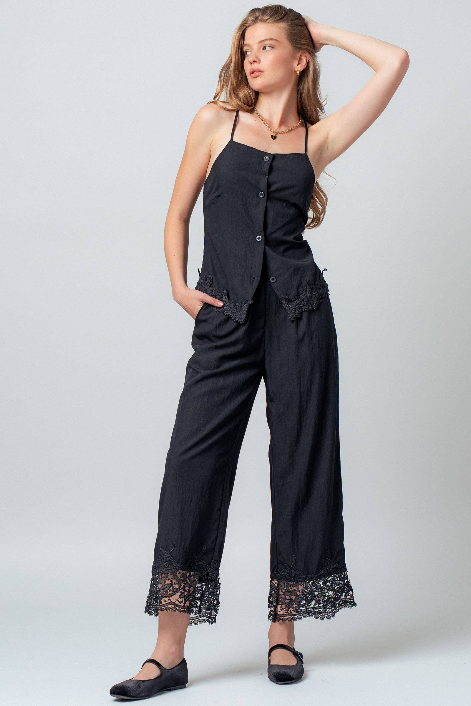 Crinkle Rayon Lace Trim Jumpsuit