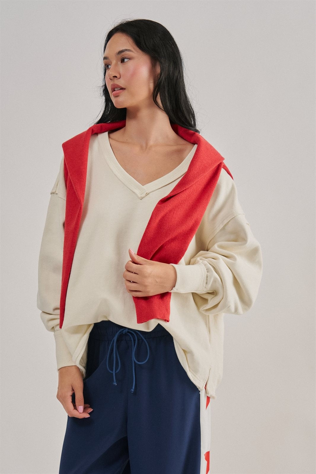Relaxed Vintage V-Neck Oversized Sweatshirt in CHALK - Women's Sweatshirts & Hoodies | Urban Daizy