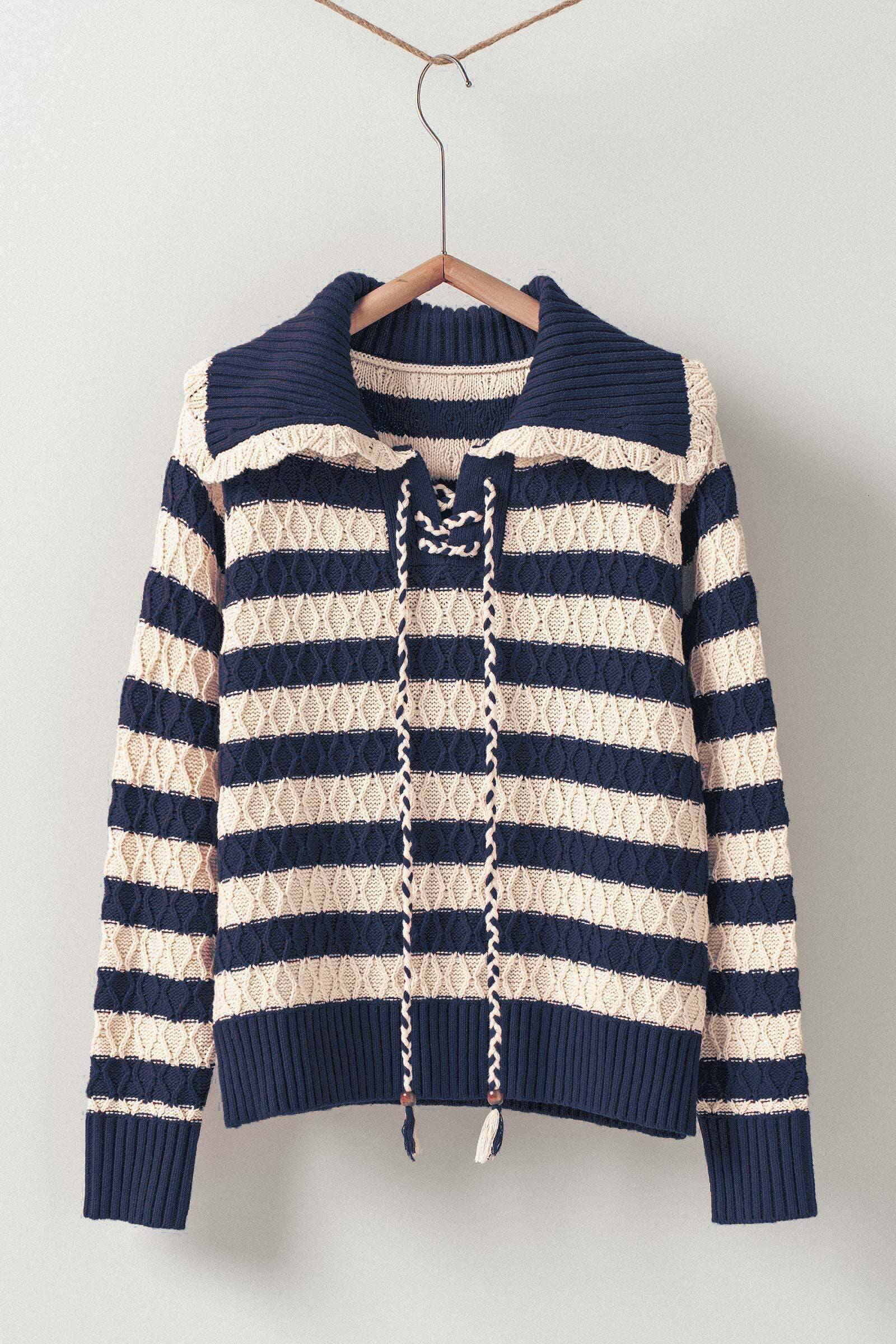 Lace-Up Cable Knit Striped Sweater Top