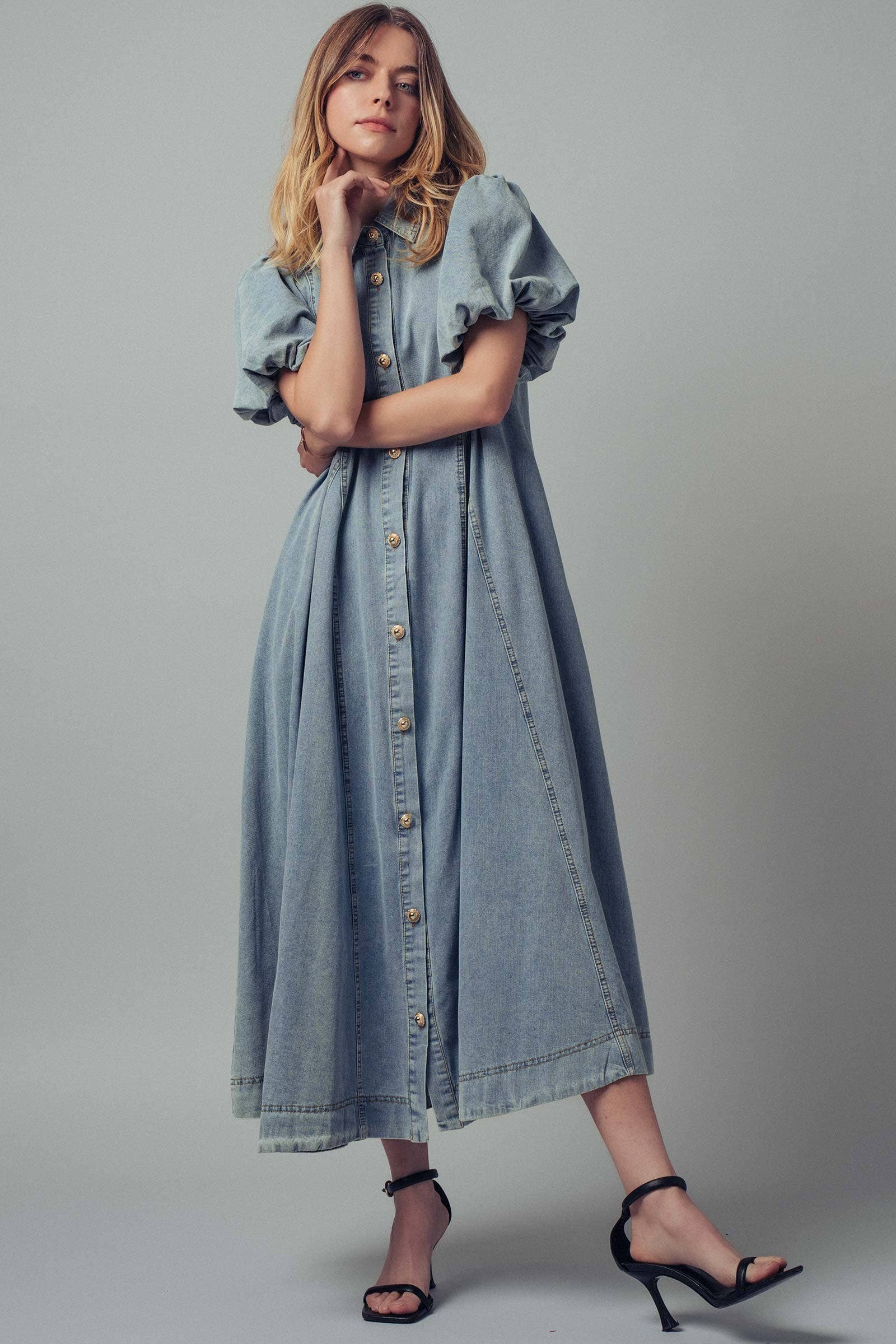 Urban Daizy Puff Sleeve A-Line Denim Maxi Dress Lt-Denim Dress - Women's (UDZ-DR-00392) – alternate view 10