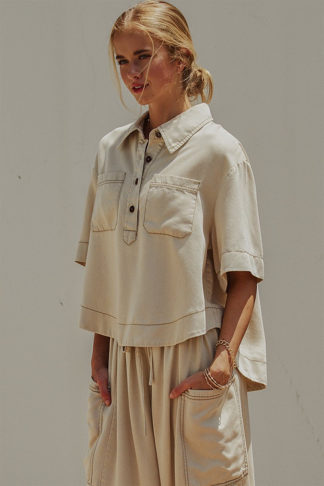 Washed Utility Half-Placket Cropped Shirt in TAUPE	 - Women's Tops | Urban Daizy