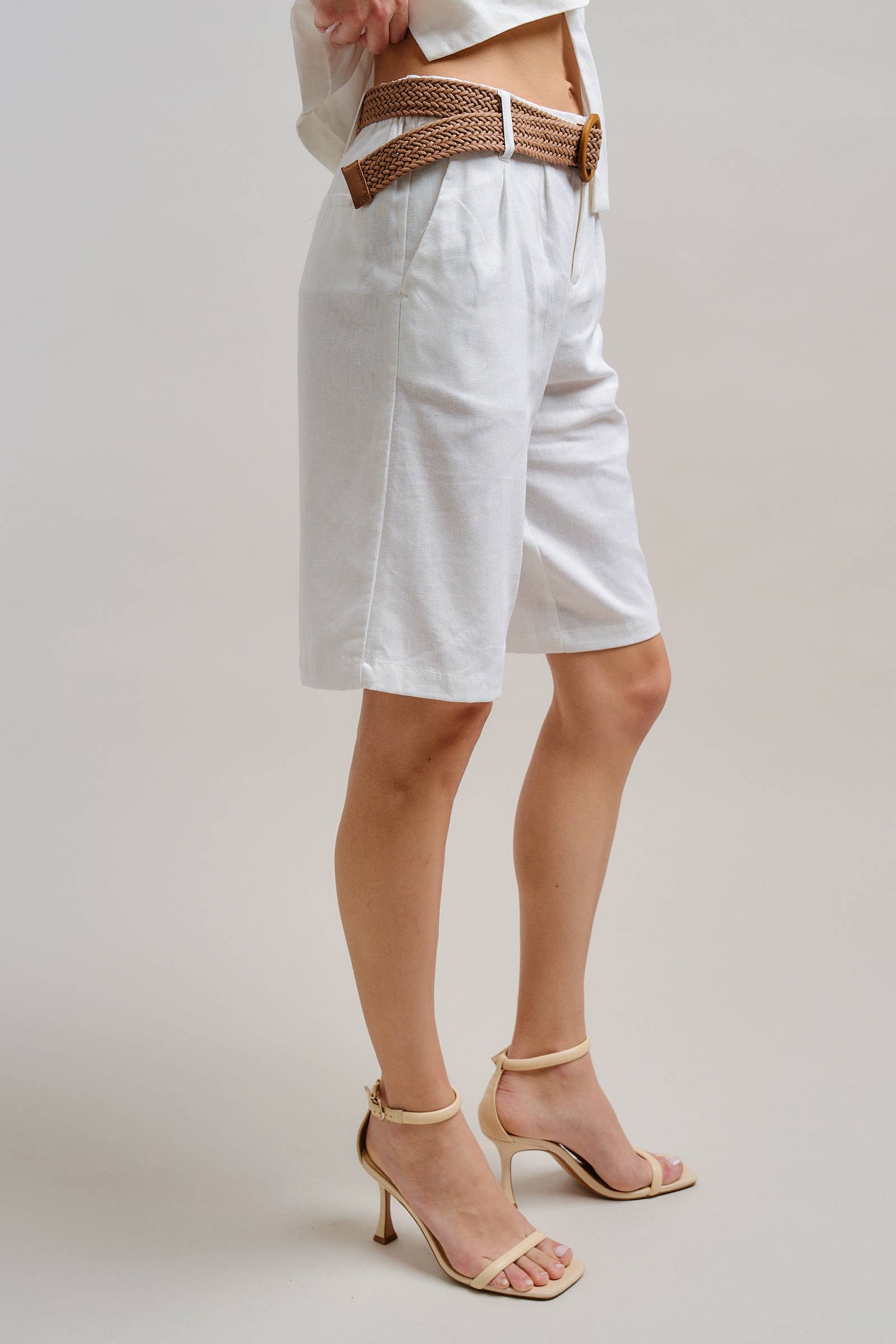 Linen Blend Belted Bermuda Shorts