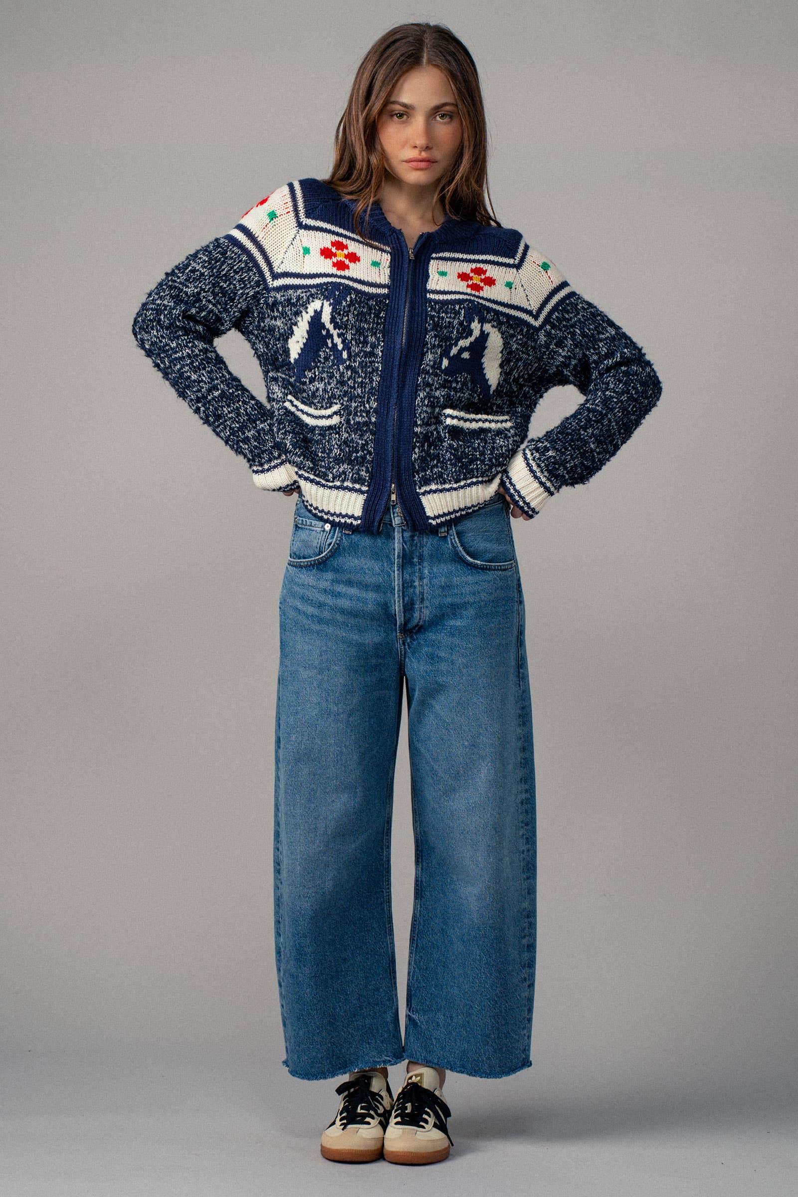 Urban Daizy Floral Yoke Zip-Up Knit Cardigan Navy-Multi Cardigan - Women's (UDZ-TP-00814) – alternate view 6