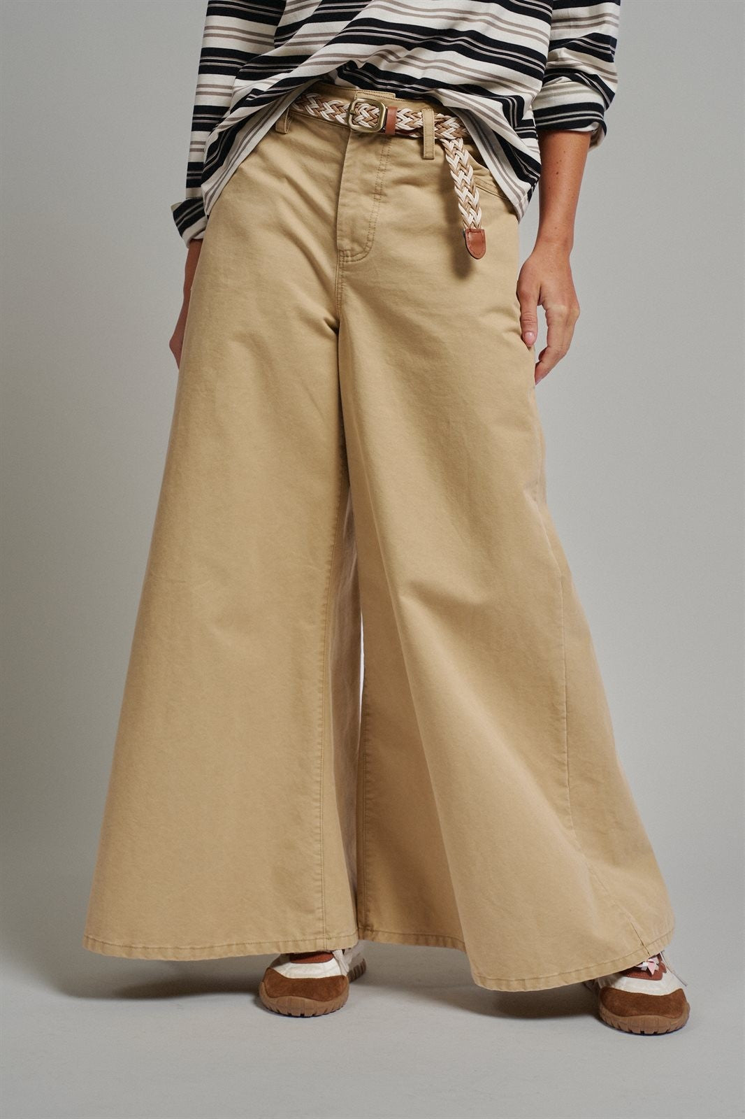 Washed Cotton Wide Leg Palazzo Pants with Woven Belt in KHAKI - Women's Casual Pants | Urban Daizy