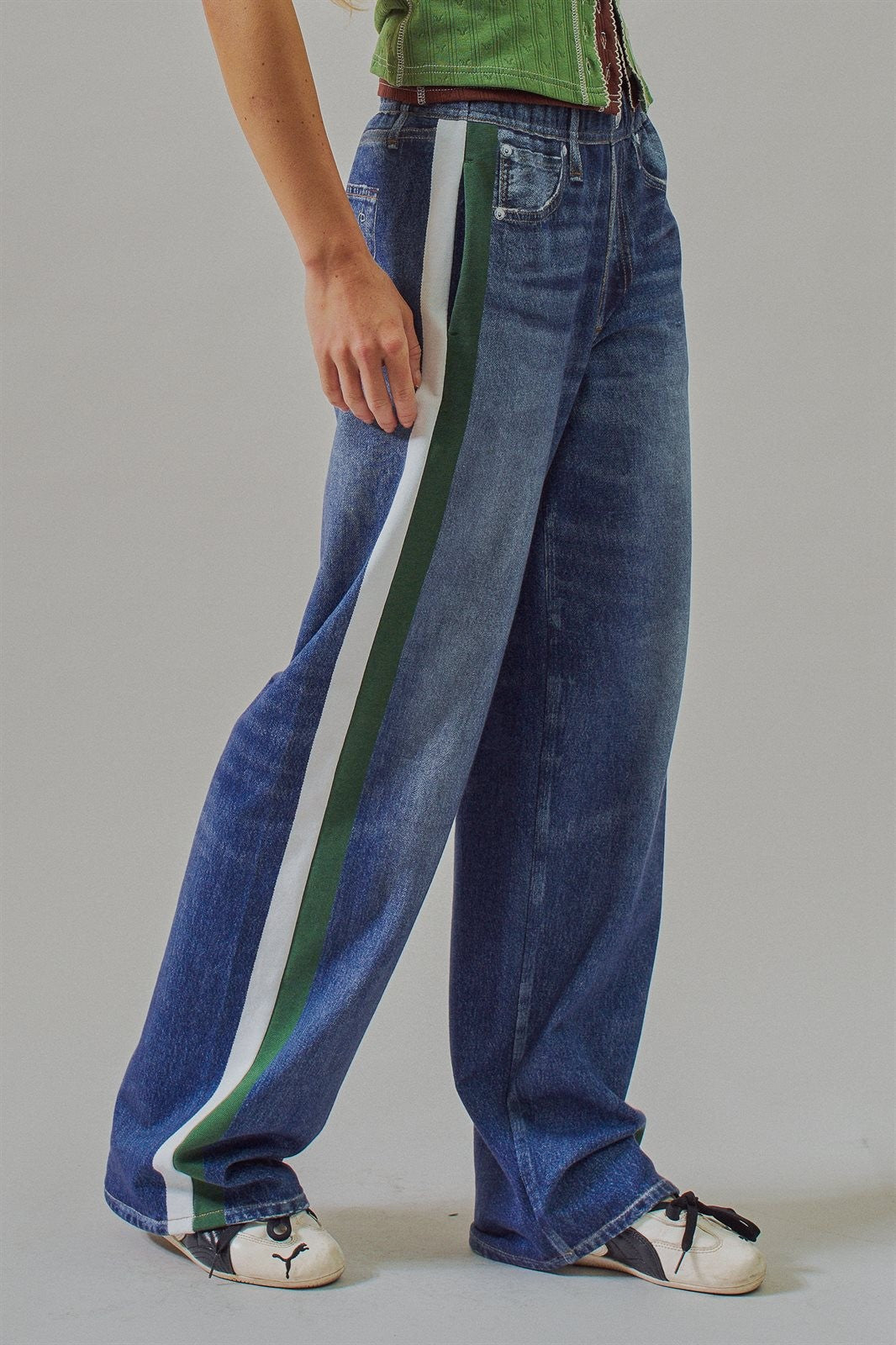 Wide Leg Faux Denim Print French Terry Track Pants with Side in DENIM - Women's Casual Pants | Urban Daizy