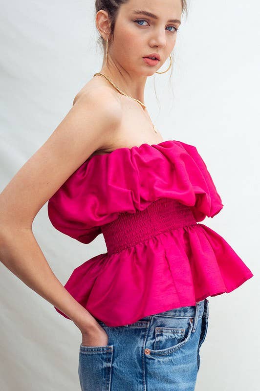 Urban Daizy Strapless Ruffle Smocked Waist Silky Peplum Top Black Blouse - Women's (UDZ-TP-00566) – alternate view 17