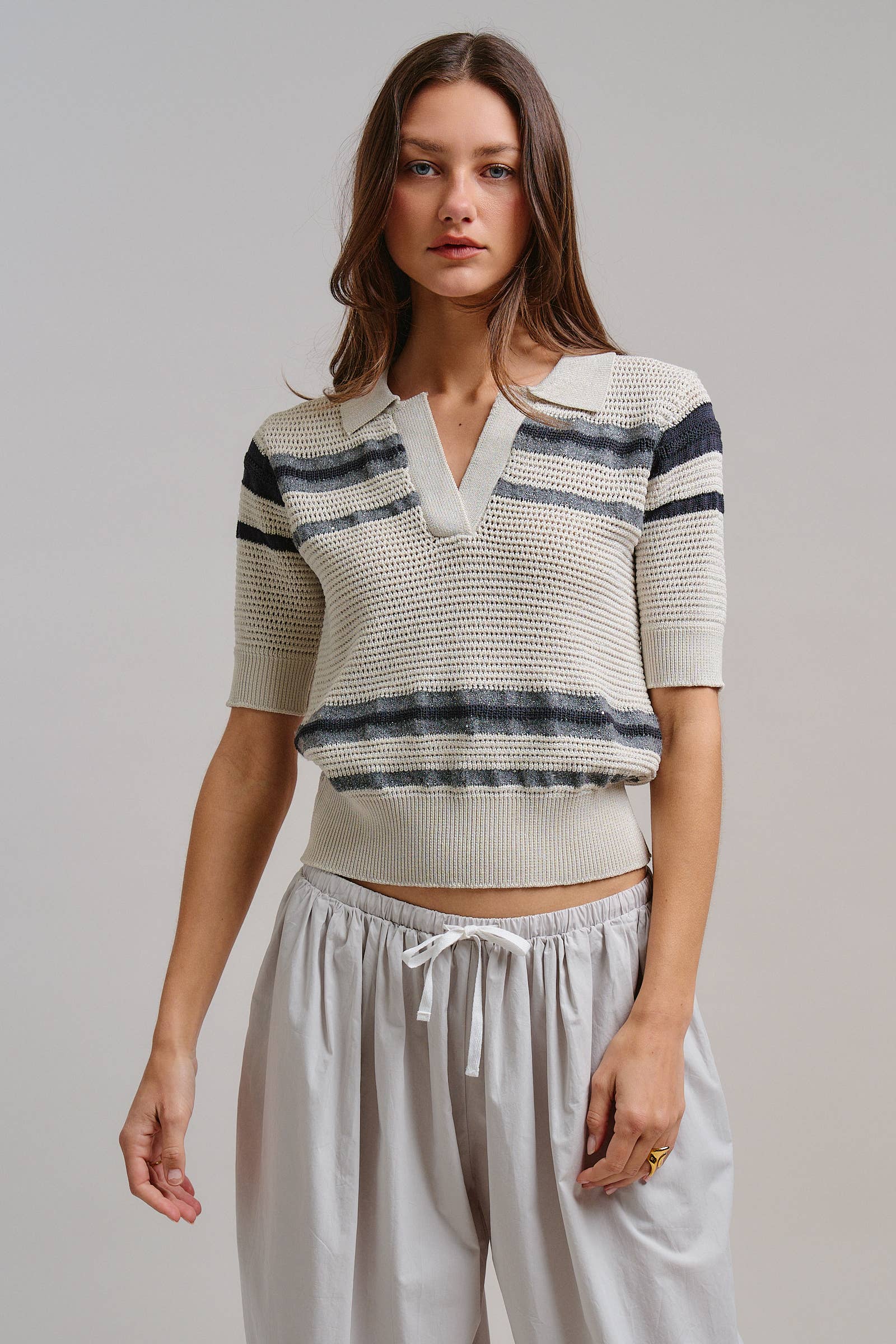 Retro Striped Open Knit V-Neck Polo