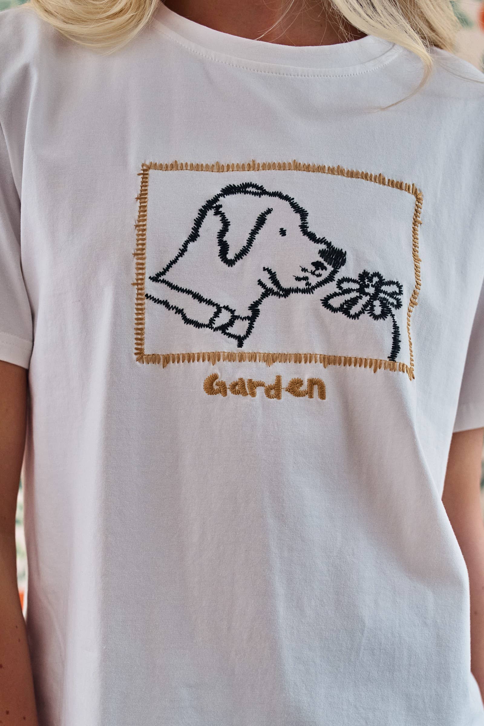Whimsical Dog & Daisy Embroidered Cotton Tee