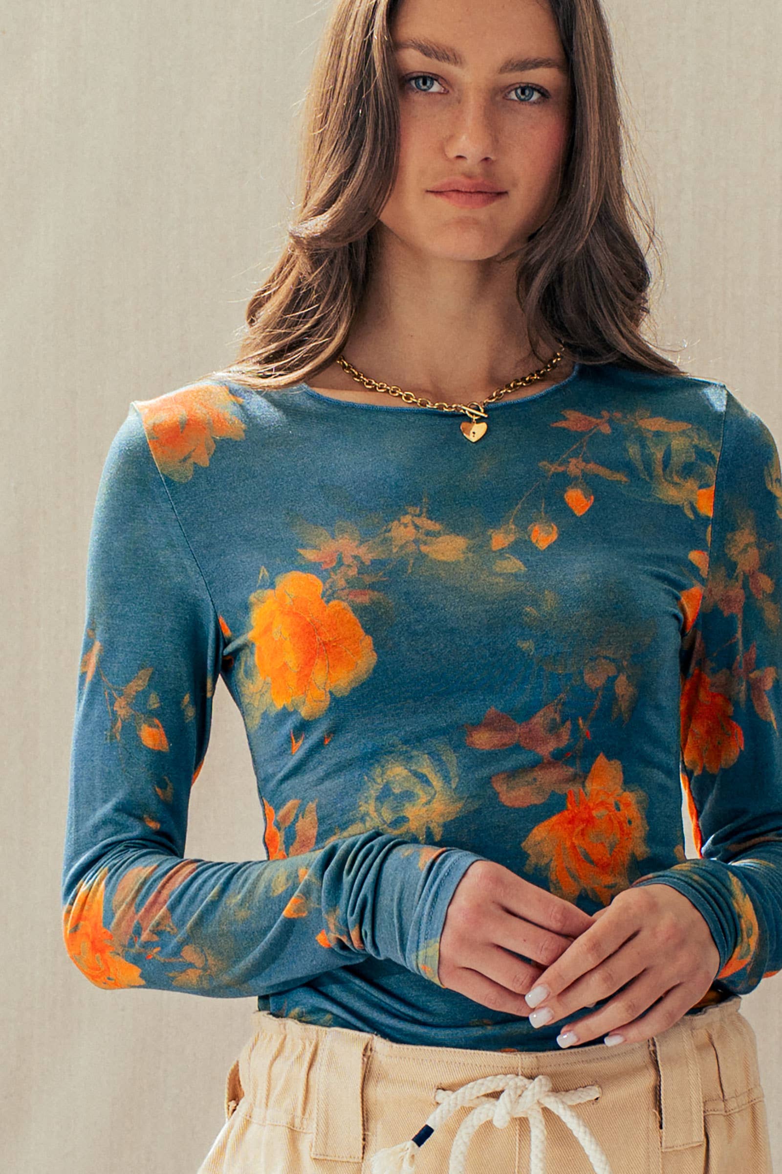 Vintage Floral Long Sleeve Top Tencel Wool Blend