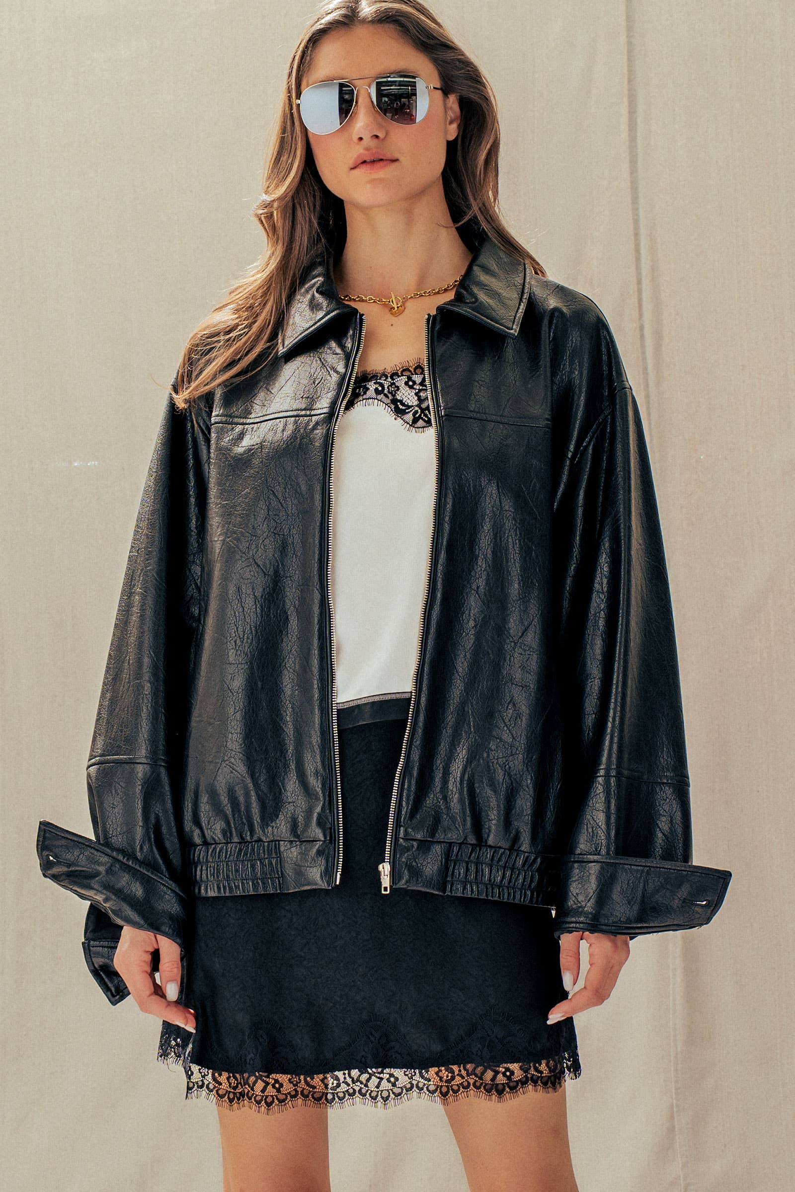 Relaxed Faux Leather Zip-Up Statement Jacket