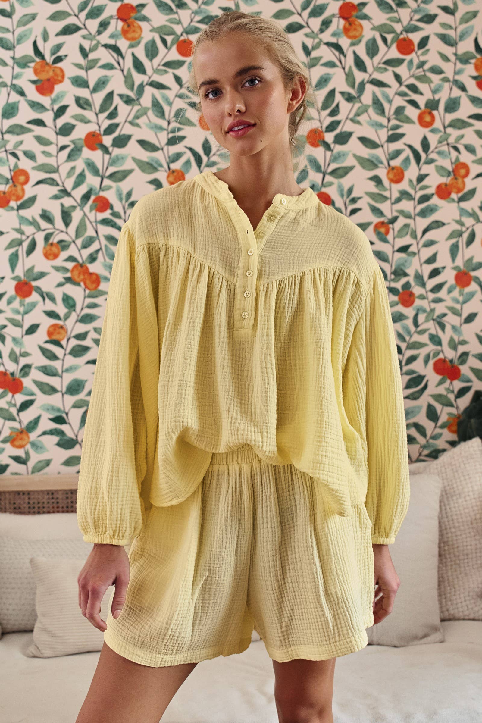 Garment Dyed Cotton Gauze Button Down Top And Shorts Set