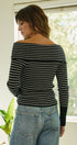 Off-Shoulder Striped Knit Top with Button Cuffs in BLACK - Women's Sweaters | Urban Daizy