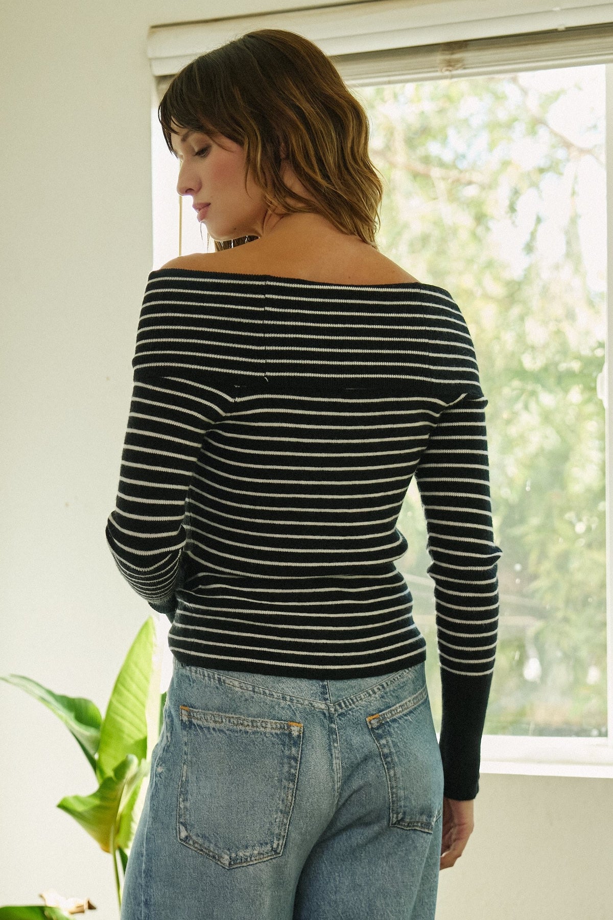 Off-Shoulder Striped Knit Top with Button Cuffs in BLACK - Women's Sweaters | Urban Daizy