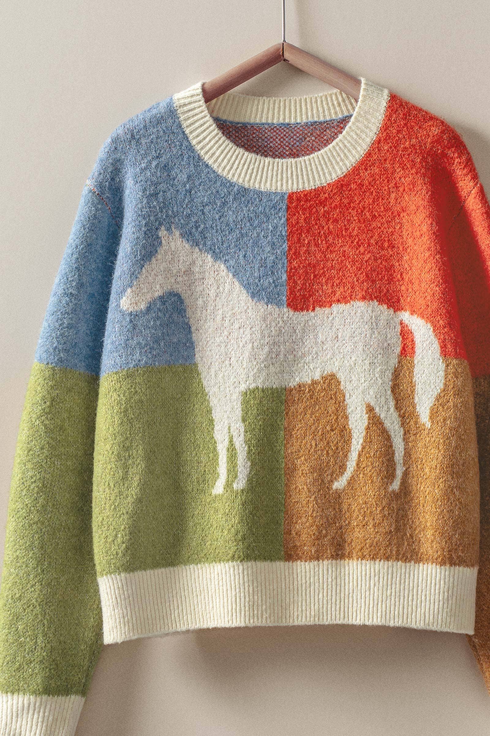 Urban Daizy Colorblock Horse Intarsia Graphic Sweater Orange Knit Sweater - Women's (UDZ-TP-00816) ��� alternate 