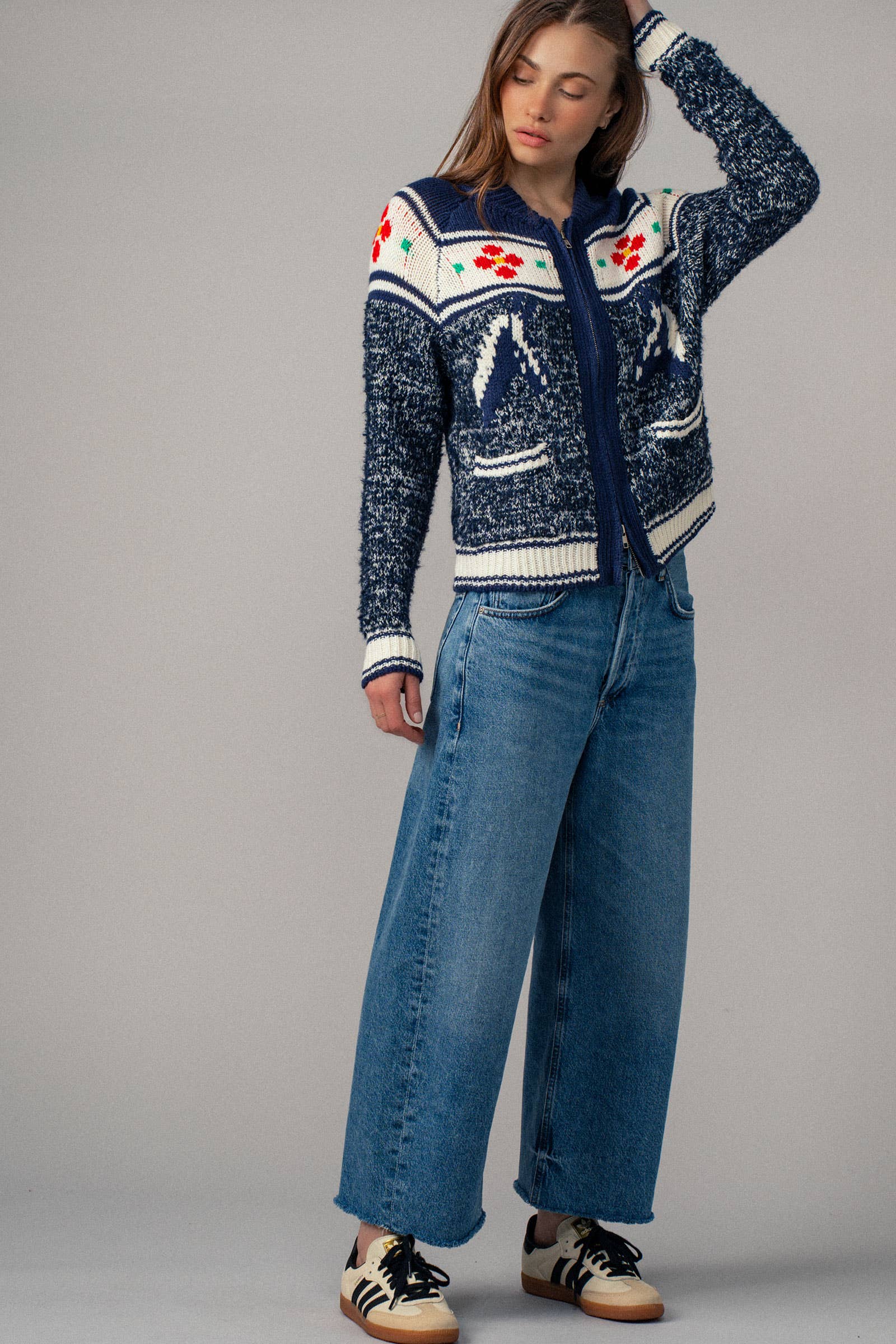 Urban Daizy Floral Yoke Zip-Up Knit Cardigan Navy-Multi Cardigan - Women's (UDZ-TP-00814) – alternate view 9