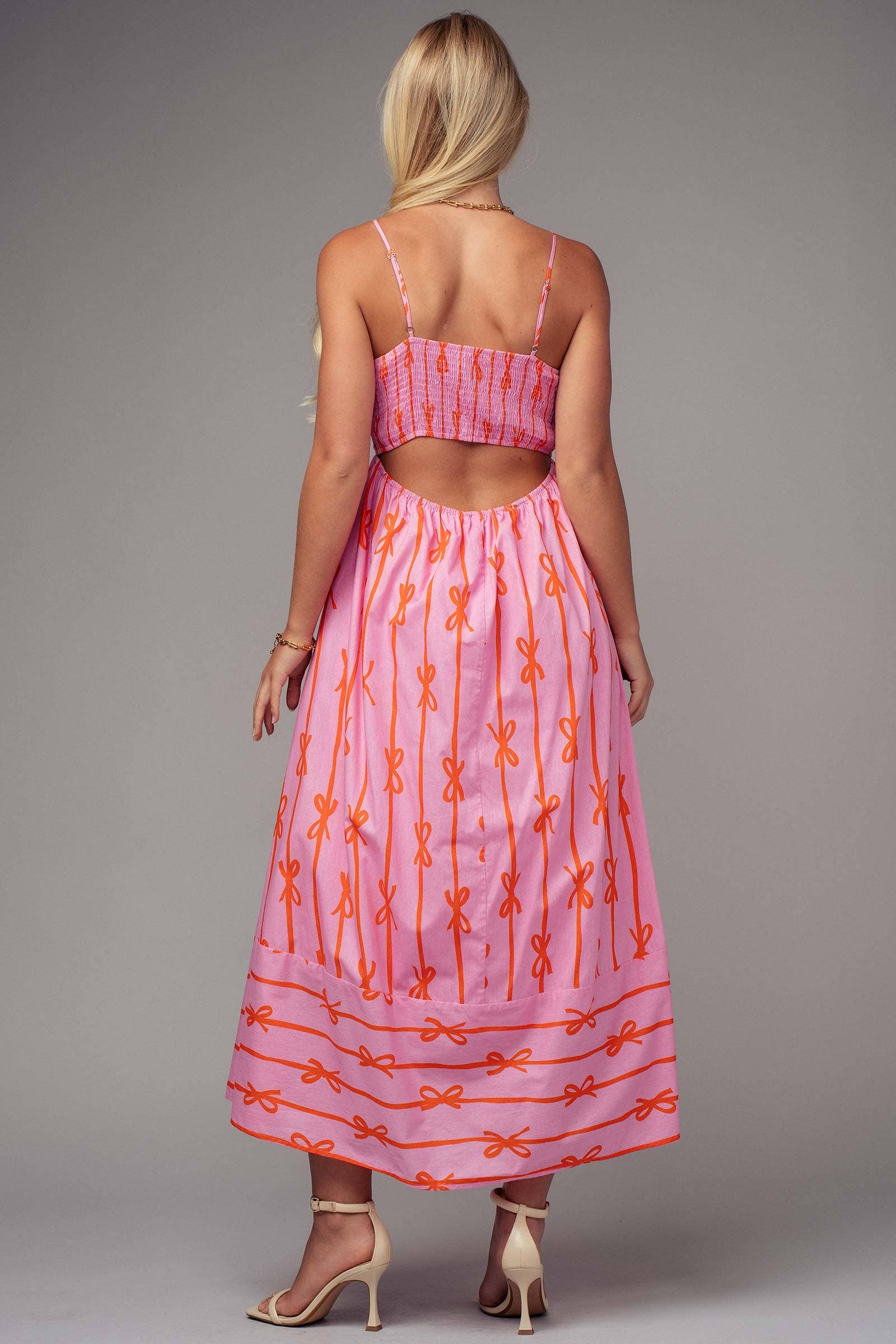 Sweet Ribbon Stripe Bow Print Smocked Back Maxi Dress