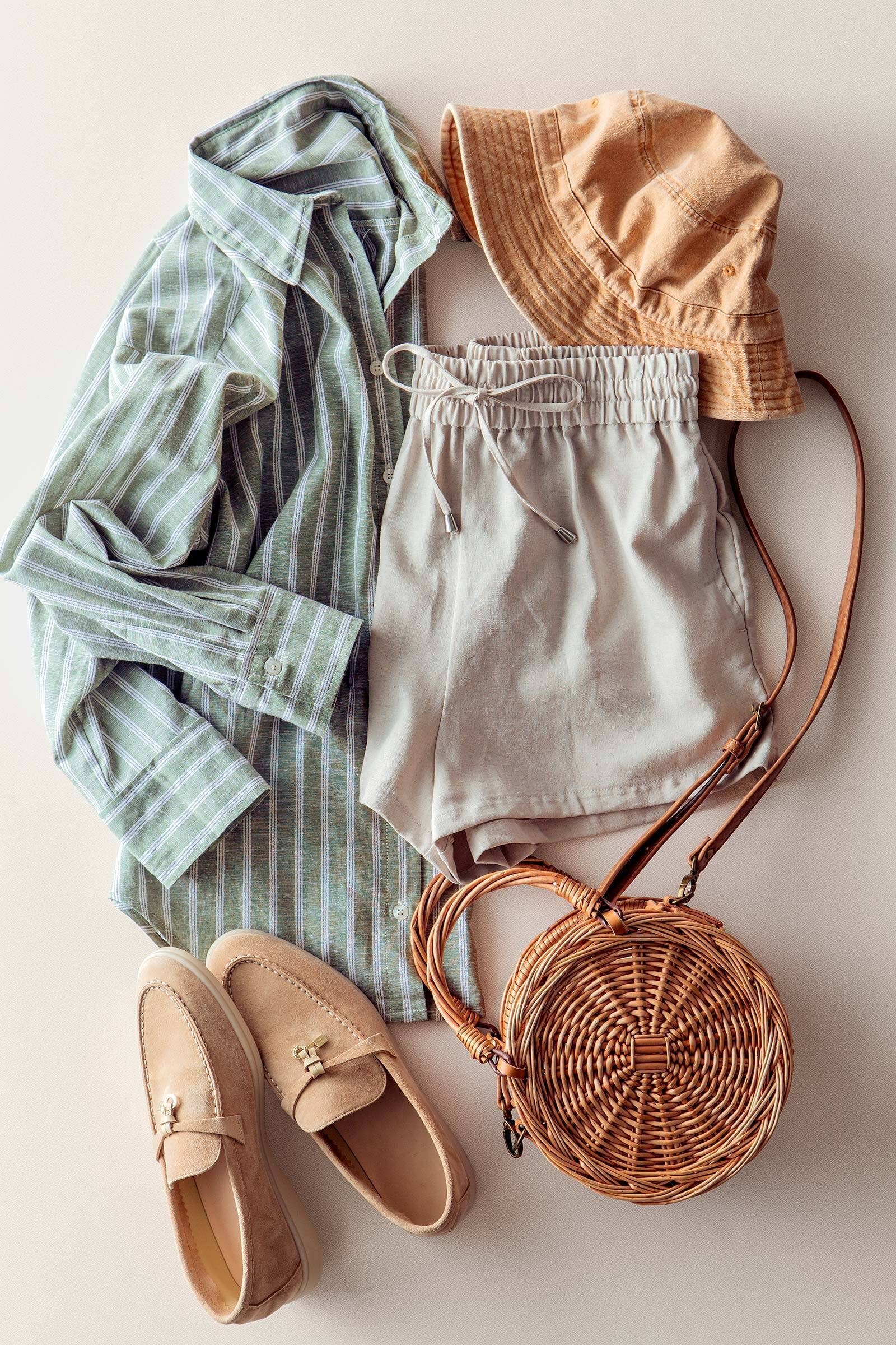 Linen Blend Elastic Waist Drawstring Shorts