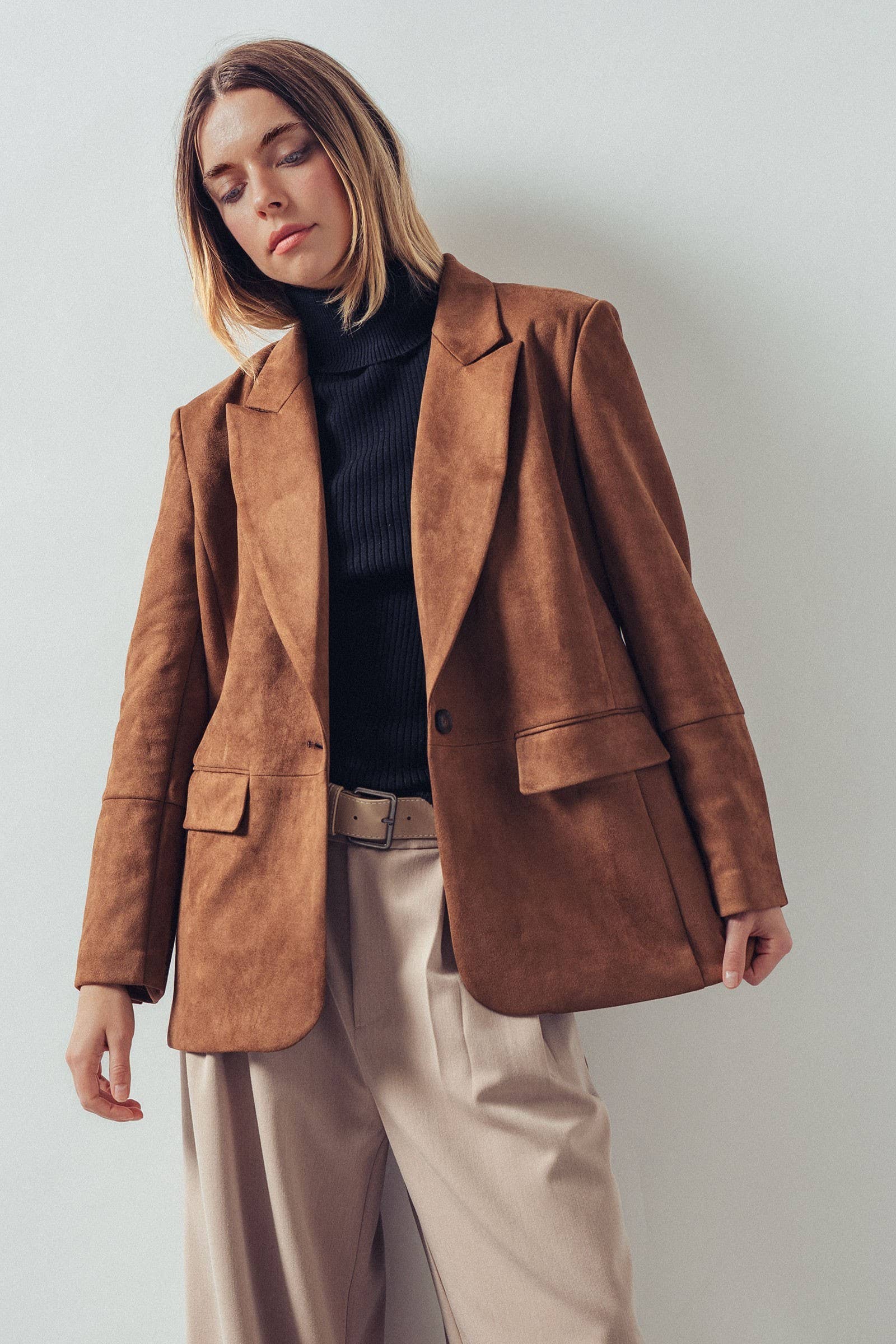 Relaxed Fit Notched Lapel Faux Suede Blazer