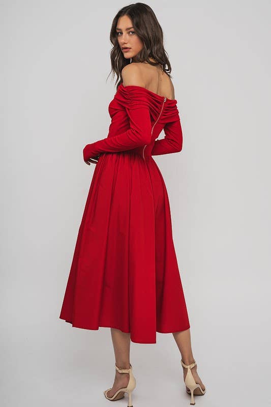Urban Daizy Elegant Off Shoulder Ruched Long Sleeve Spring Midi Dress Red Dress - Women's (UDZ-DR-00366) – alternate view 5