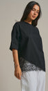 Oversized Cotton Tee with Asymmetric Lace Hem in BLACK - Women's T-Shirts & Polos | Urban Daizy