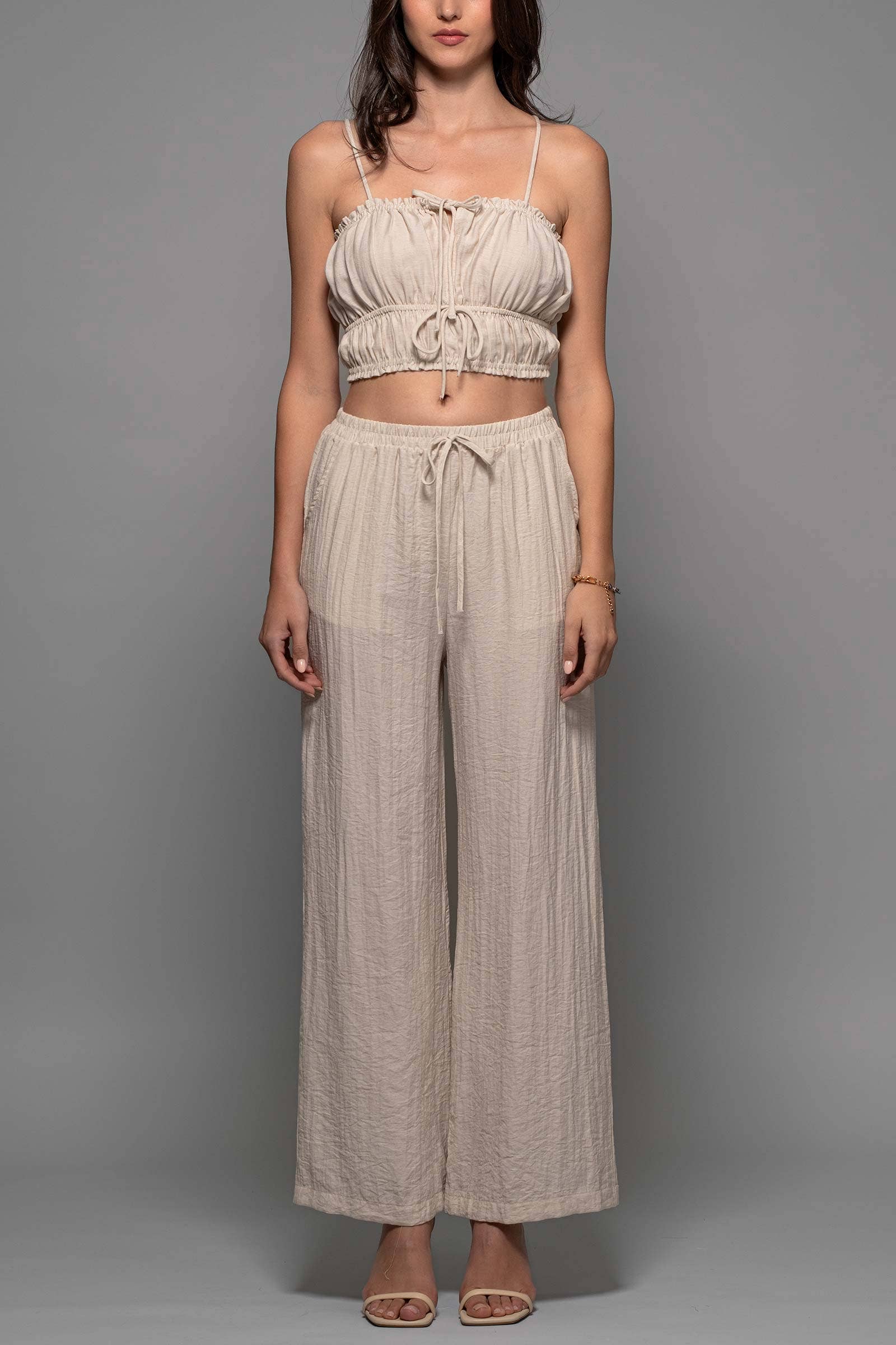 Linen-Blend Smocked Crop Top and Wide-Leg Pants Set