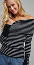 Off-Shoulder Striped Knit Top with Button Cuffs in BLACK - Women's Sweaters | Urban Daizy
