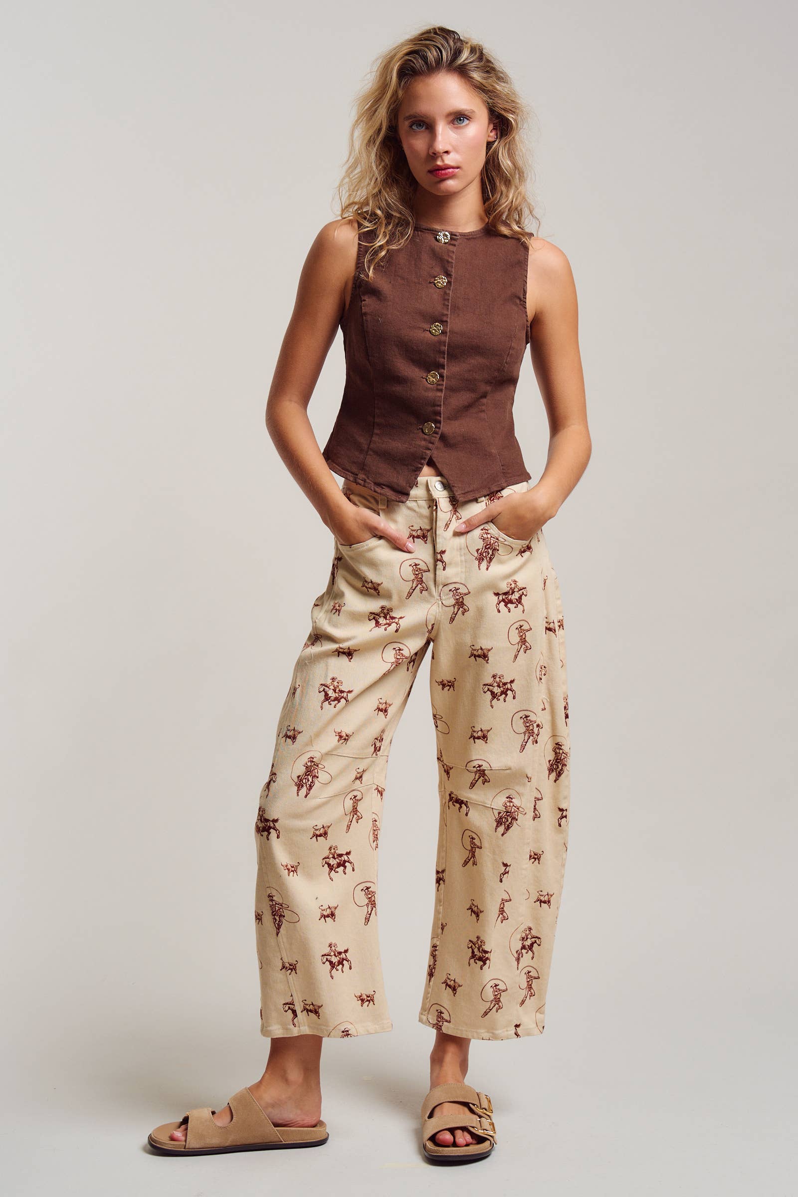 Urban Daizy Western Toile Print Barrel Leg Stretch Pants Lt-Khaki Pants - Women's (UDPT0076-Lt-Khaki) – alternate view 8