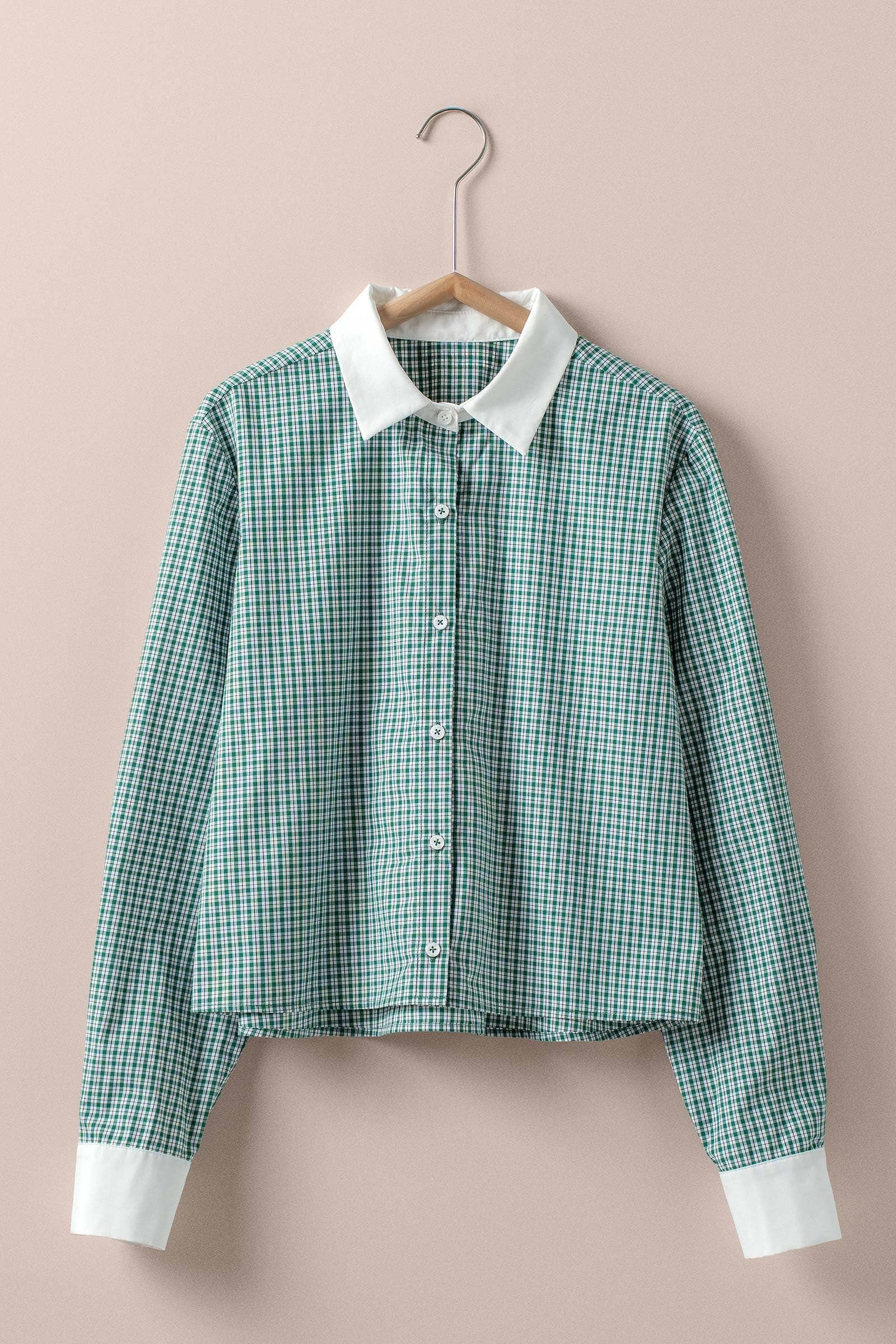 Urban Daizy Gingham Contrast Collar Button Down Shirt Green Button Down Shirt - Women's (UDZ-TP-01005)