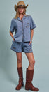 Sweet Cowgirl Boot Stitch Embroidered Shirt in BLUE - Women's Shirts & Blouses | Urban Daizy