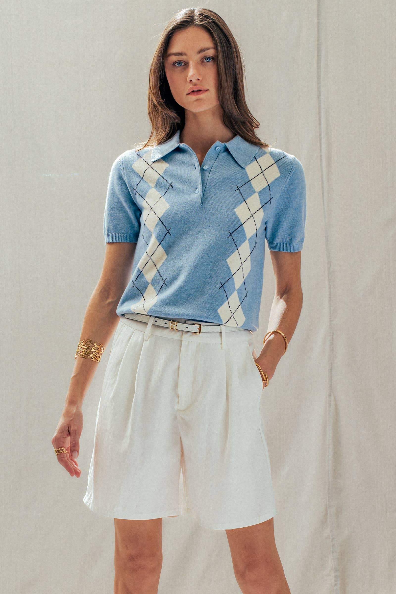 Preppy Argyle Short Sleeve Sweater