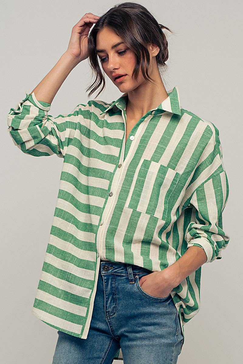 Urban Daizy Mixed Stripe Pattern Oversized Button Down Shirt Taupe Button Down Shirt - Women's (UDZ-TP-00049) – alternate…