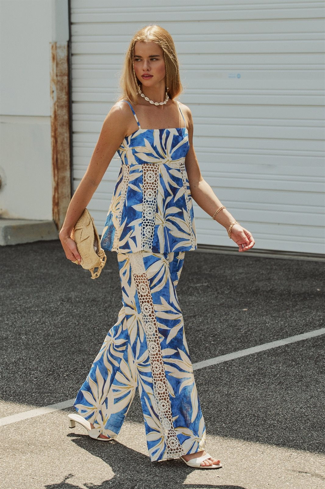 Satin Wide-Leg Pants Set with Crop Top in BLUE IVORY - Women's Pants Sets | Urban Daizy
