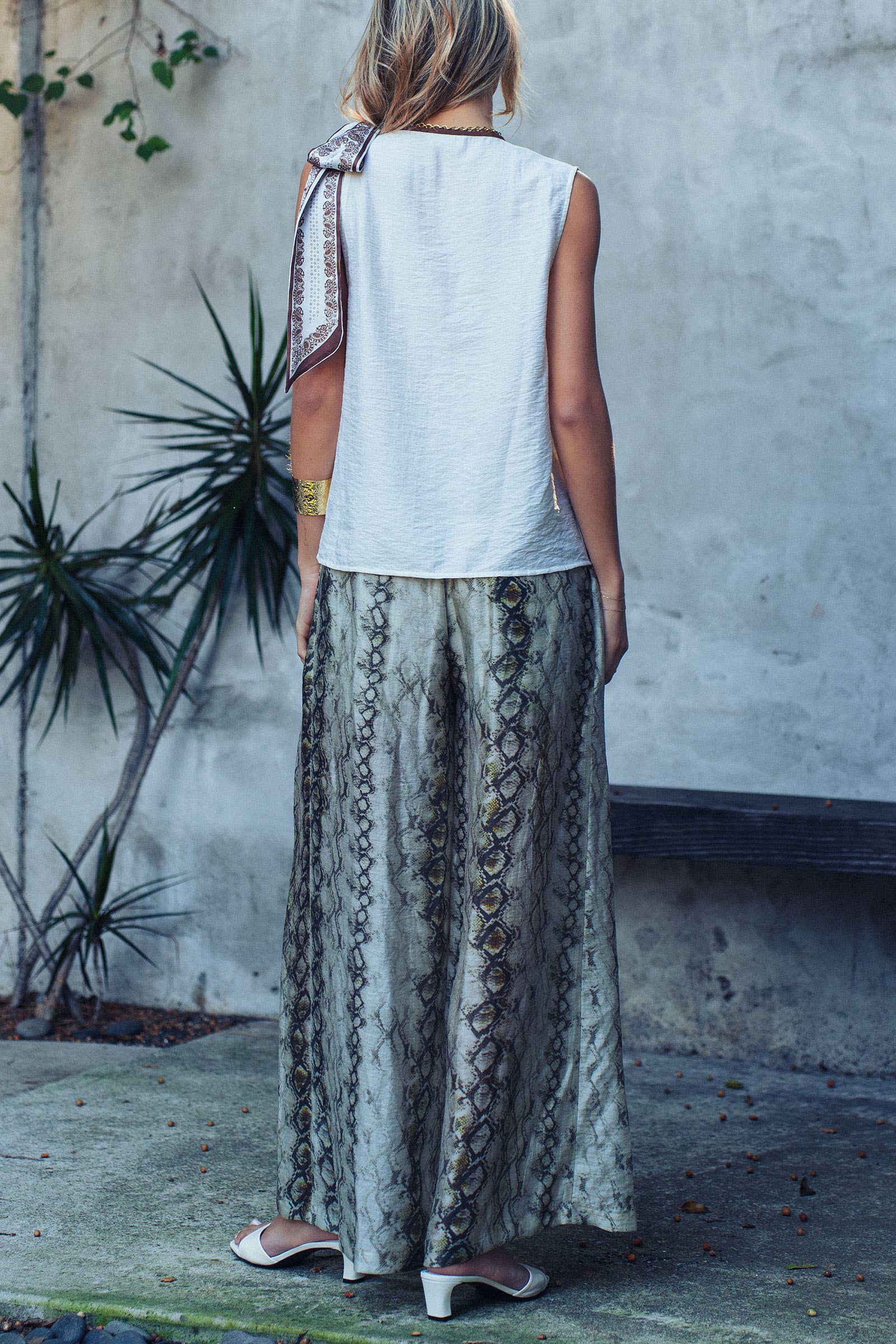 Snake Print Wide Leg Pants Linen Blend