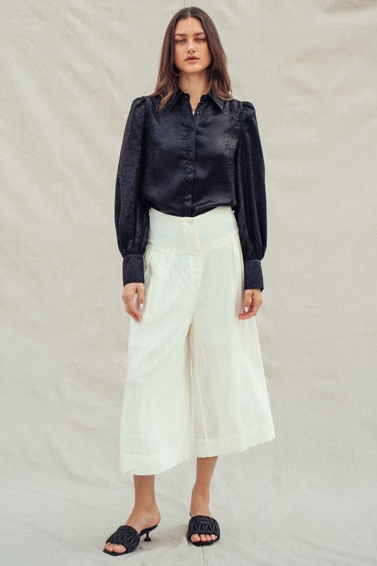 Metallic Shimmer Button Down Blouse with Puff Sleeves in BLACK - Women's Shirts & Blouses | Urban Daizy