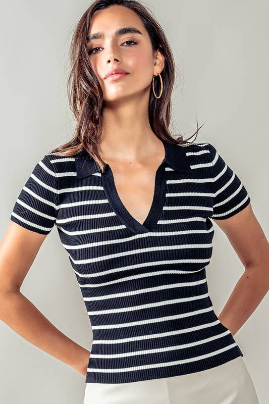 Urban Daizy Ribbed Stripe V-Neck Knit Top Ivory Knit Top - Women's (UDZ-TP-00562) – alternate view 12